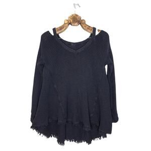 Free People Sweater Oversized Cut Out Shoulder Raw Hem Distressed High Low Scoop